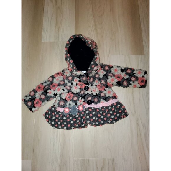 Girls Corky & Co Fuzzy Floral Coat W/Mittens 12/18 Months Black/Pink/White/ Gray
